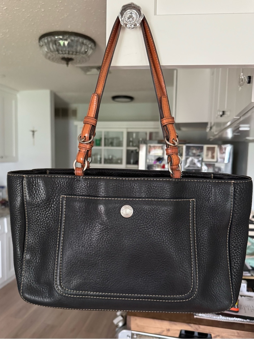 Coach Black Pebbled Leather Tote with Saddle Brown Handles
